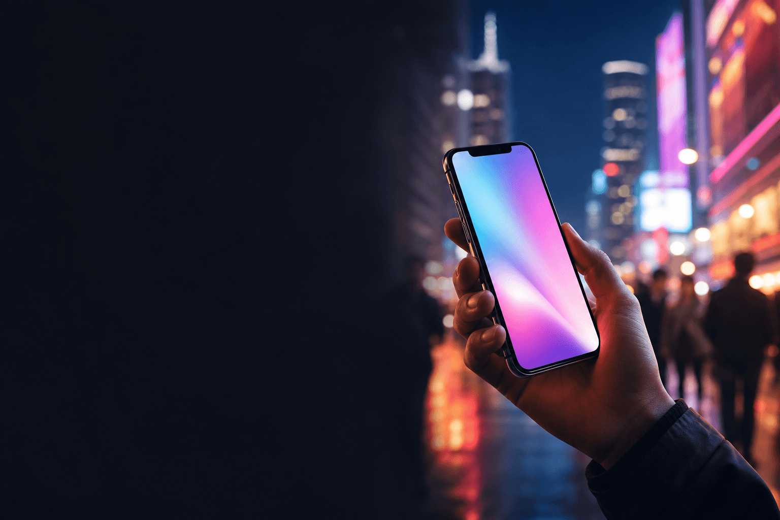 Mobile app held in a vivid city setting